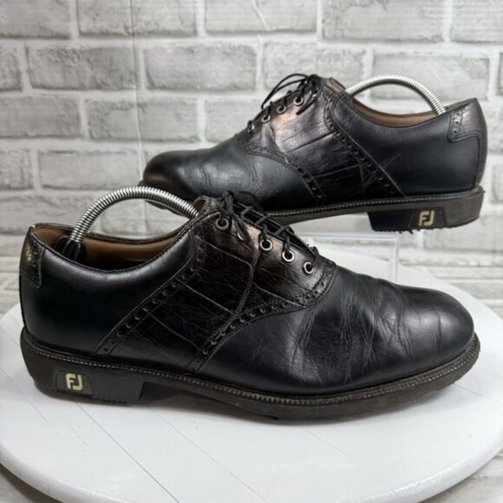 FootJoy Icon Saddle Men's Size 10.5 Black Leather Crocodile Lace Up Golf Shoes